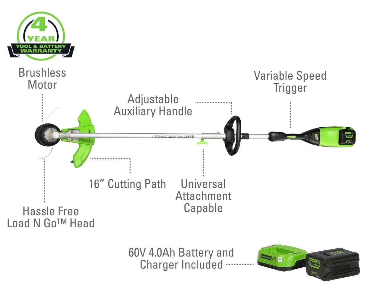 60V 16" Cordless Battery String Trimmer (Attachment Capable) w/ 4.0 Ah Battery & Charger